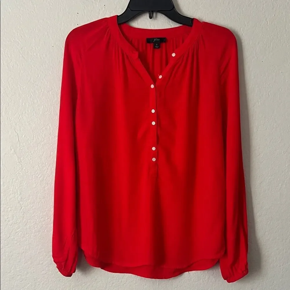Like New! J.Crew Red Viscose Long Doiman Sleeve Button Front Blouse in Size S